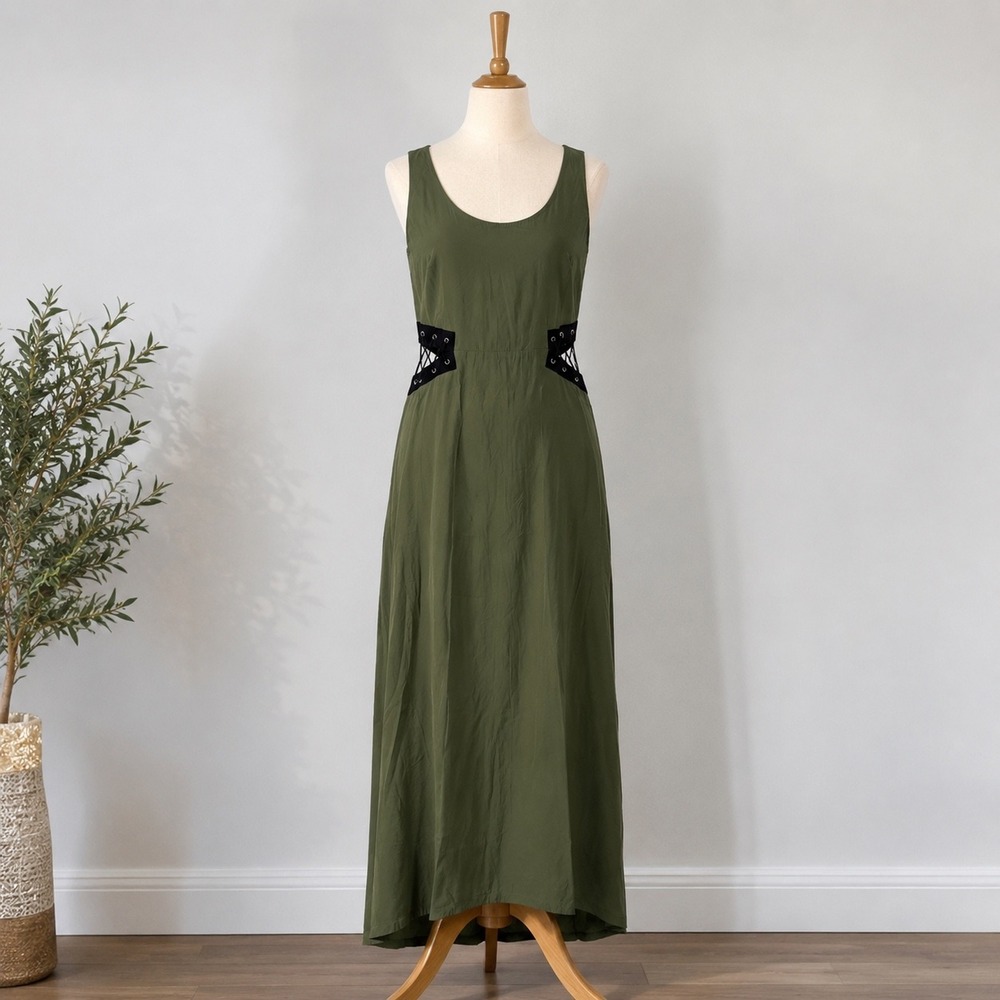 ByCorpus Maxi Dress Lace Up Side Cutout 2 Olive Green Womens Edgy Festival
